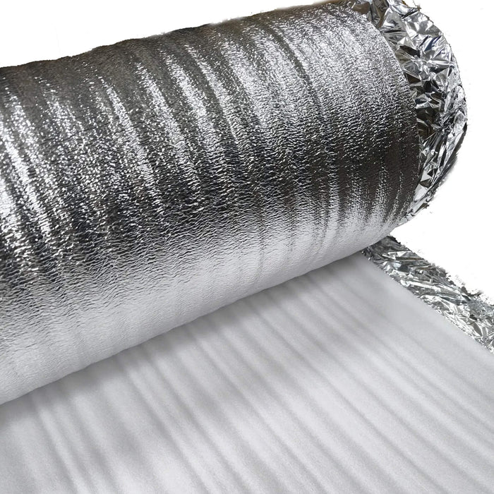 View of a partially unrolled roll of Alufoil flooring underlay.