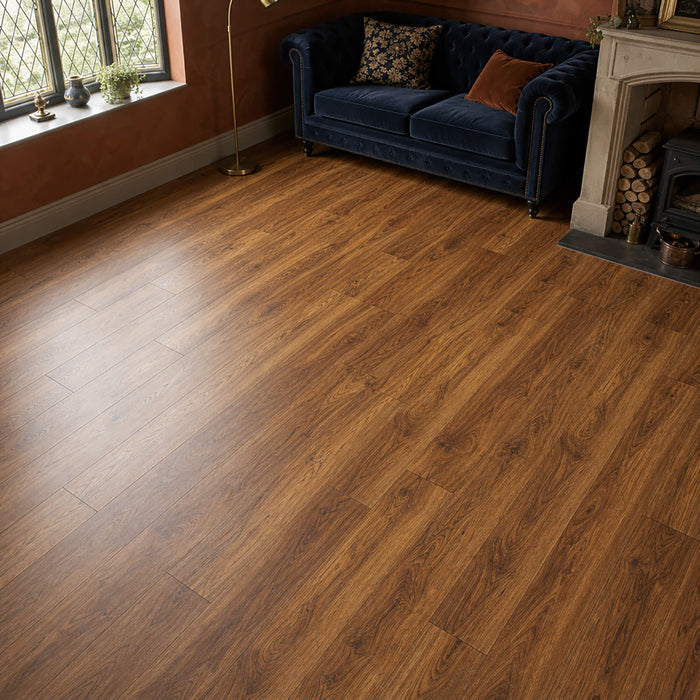 Appalachian Hickory laminate llooring I a living room reception setting.