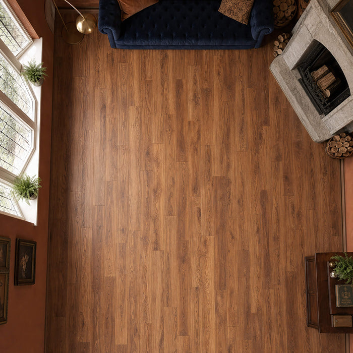 Elevated view of Appalachian Hickory laminate flooring in a living room setting.