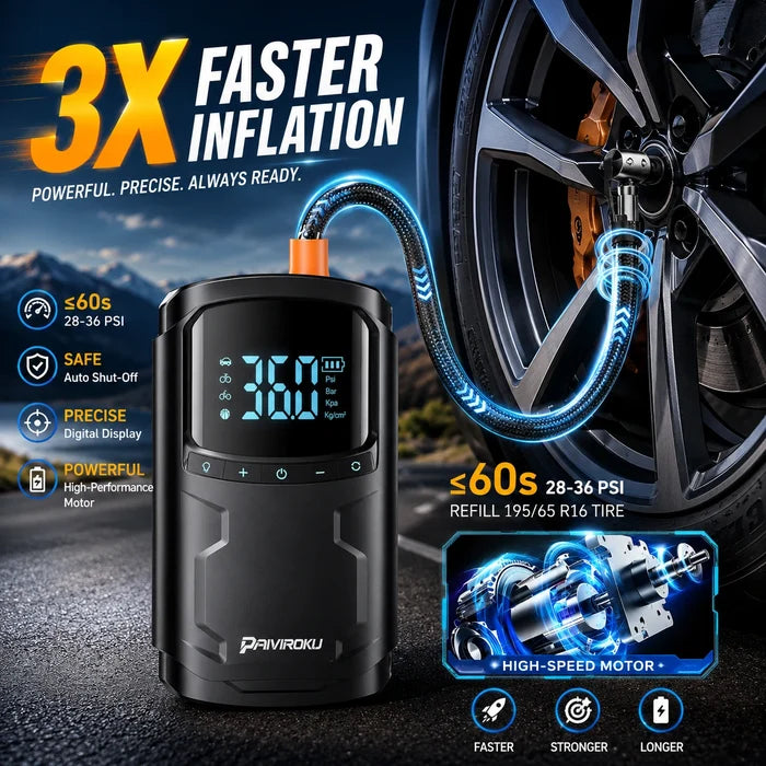 A black portable tire inflator with a digital display showing 36.0 PSI, connected to a blue illustrated hose over a car wheel.