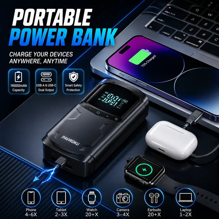 A black portable power bank with a digital display, shown charging a laptop, smartphone, AirPods, smartwatch, earbuds, and camera. The image includes marketing text and icons highlighting 16000mAh capacity, USB 3.