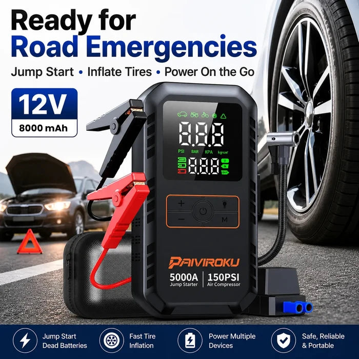 A digital 12V portable jump starter and tire inflator shown on a road with a car wheel, another car, and dashboard emergency icons. The device has red and black clamps, a black body with a digital display, and text including 'PAVIROKU' and '5000A 150PSI Air Compressor'.