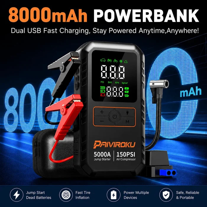 PAVIROKU 8000mAh portable jump starter power bank with dual USB charging ports, digital display, red and black clamps, and an air compressor nozzle, shown on a dark blue promotional background with text highlighting features.
