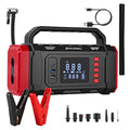Black and red portable jump starter with a digital display screen, carrying handle, built-in air pump, USB charging ports, and included accessories including jumper clamps, hose, cable, and nozzles on a white background.