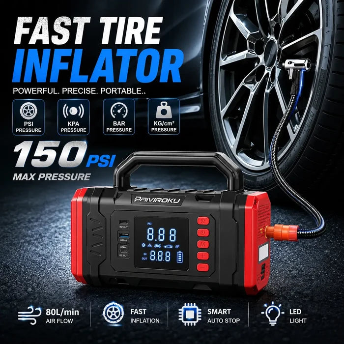 A portable 150 PSI tire inflator shown in front of a car wheel with the hose connected. The product is black with red side accents and a digital display screen.