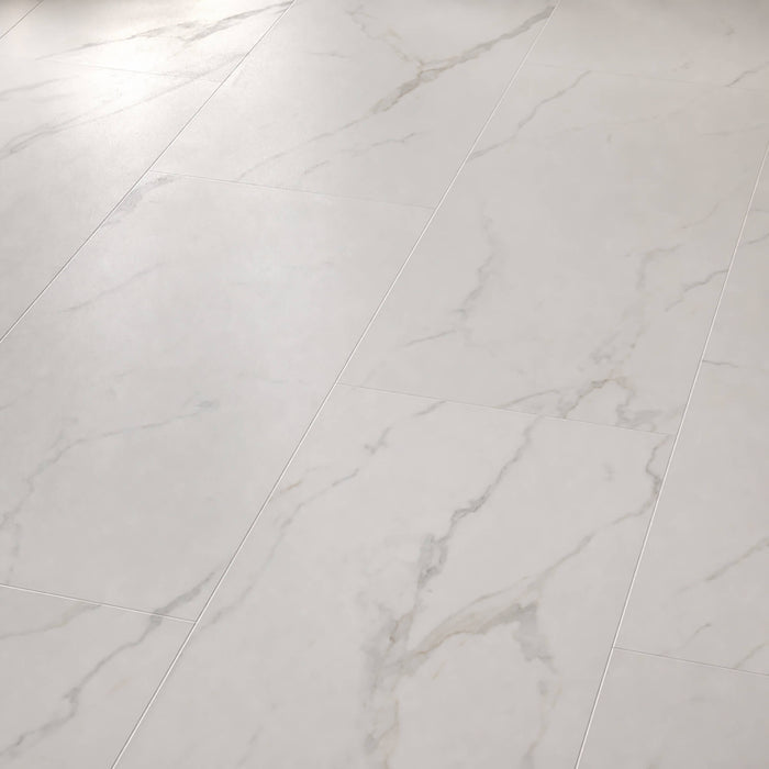 Close-up of Bianco Marble Rigid LVT floor tiles.