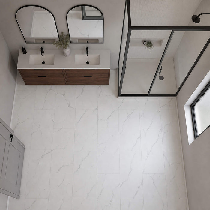 Elevated view of Bianco Marble Rigid LVT Flooring in a bathroom setting.