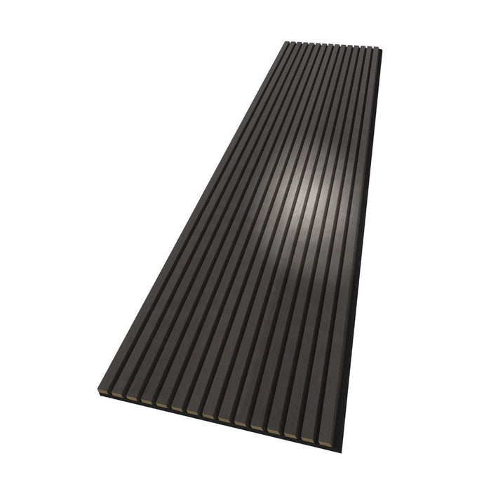 A angled view of a Black Acoustic Slatwall Panel on a white background