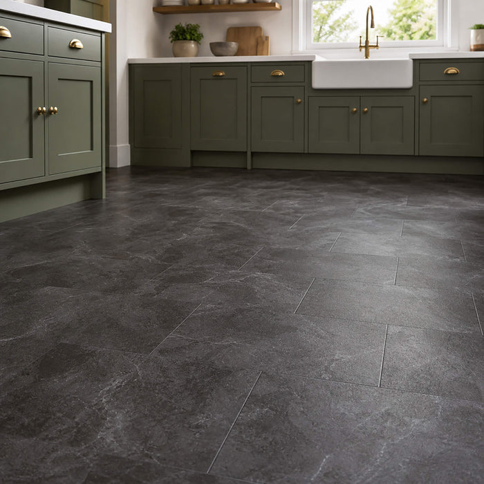 Black Slate Rigid LVT Floor Tiles in a home kitchen setting.