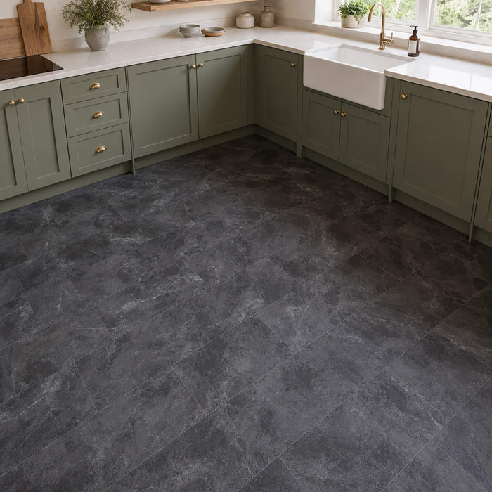 Black Slate Rigid LVT floor tiles in a kitchen setting.