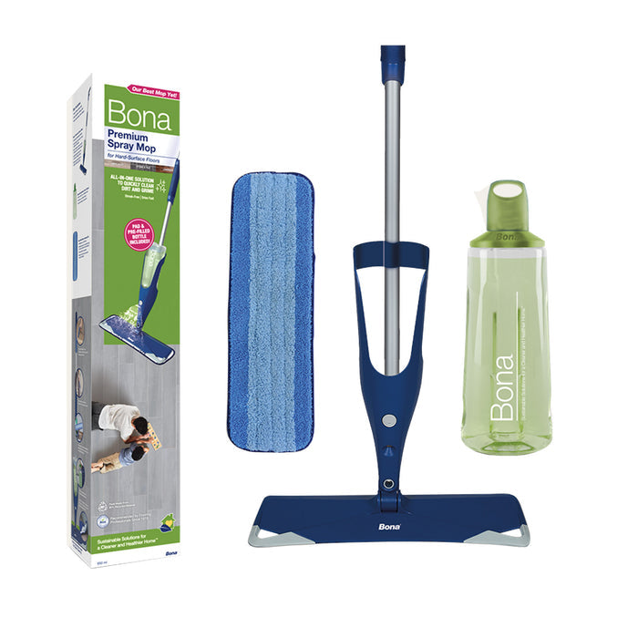 Bona spray mop set with packaging, mop head, and bottle on a white background