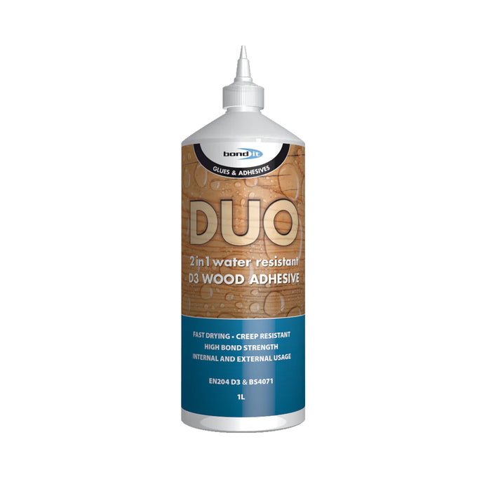 Bottle of Bond It DUO wood adhesive on a white background