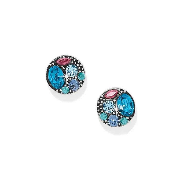 A pair of stud earrings adorned with blue and pink crystals, offering a chic and colorful accessory option.