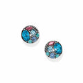A pair of stud earrings adorned with blue and pink crystals, offering a chic and colorful accessory option.
