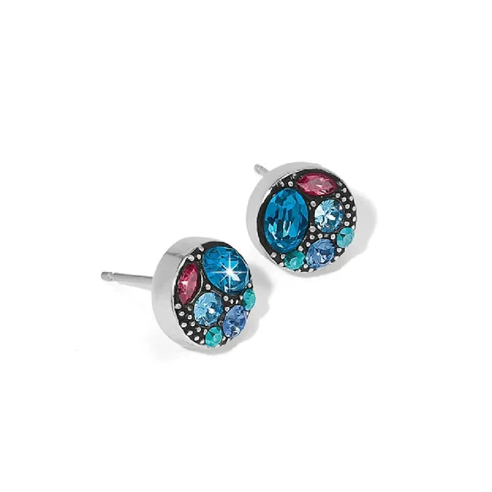 Stylish stud earrings featuring blue and pink crystals, perfect for adding a pop of color to any outfit.