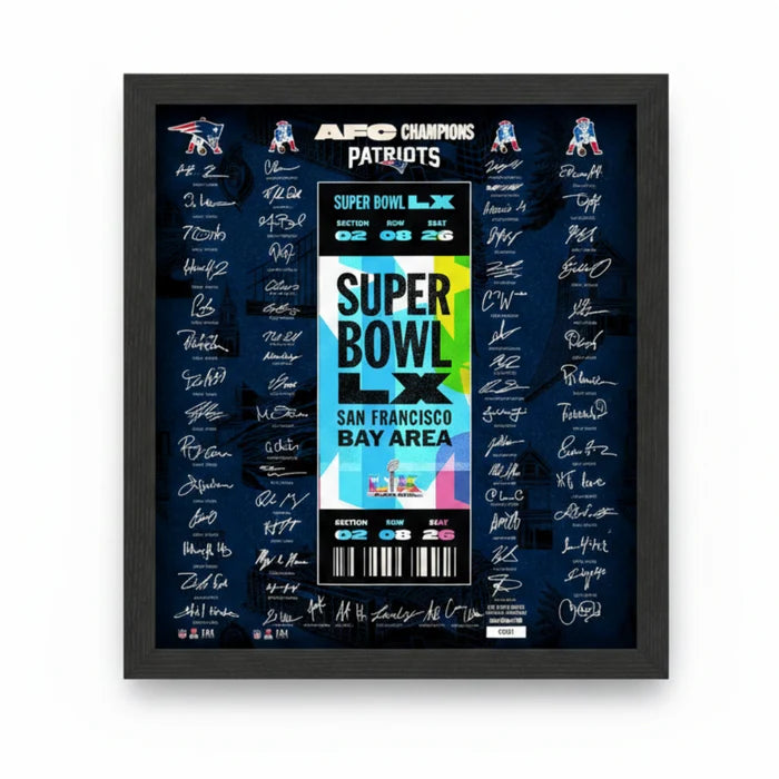 This New England Patriots 2026 AFC Champions Super Bowl LX Signature Ticket Frame is a premium collectible designed to celebrate the Patriots’ championship achievement.