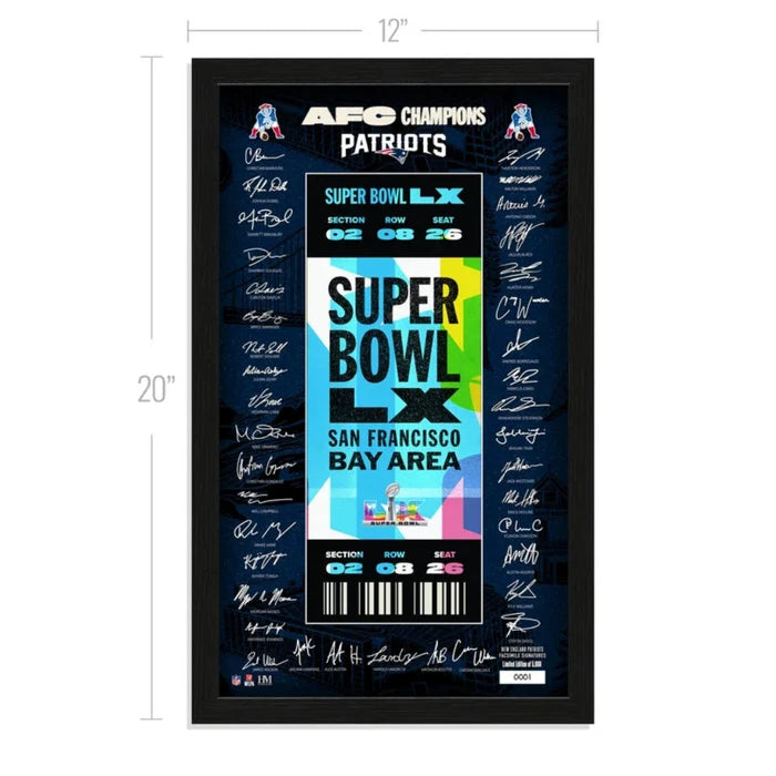 This New England Patriots 2026 AFC Champions Super Bowl LX Signature Ticket Frame is a premium collectible designed to celebrate the Patriots’ championship achievement.