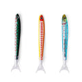 DM Merchandising Bunk House Tinned Sardine Pens featuring three sardine-shaped pens with black ink in novelty tinned-fish packaging.