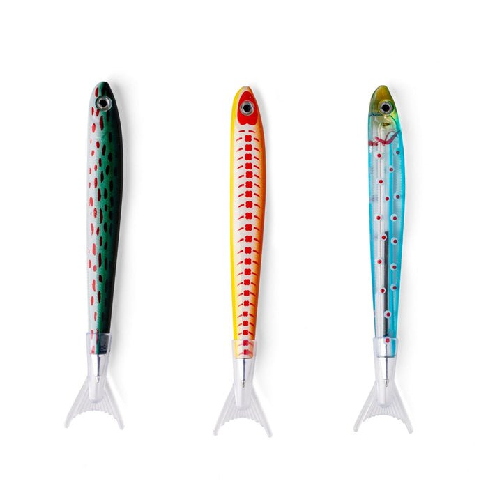 DM Merchandising Bunk House Tinned Sardine Pens featuring three sardine-shaped pens with black ink in novelty tinned-fish packaging.