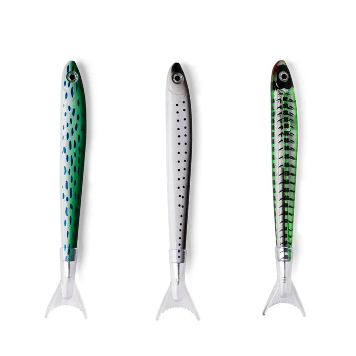 DM Merchandising Bunk House Tinned Sardine Pens featuring three sardine-shaped pens with black ink in novelty tinned-fish packaging.