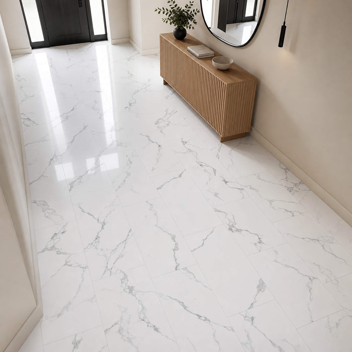 Calacatta Marble Gloss Rigid LVT flooring in a home interior hallway.