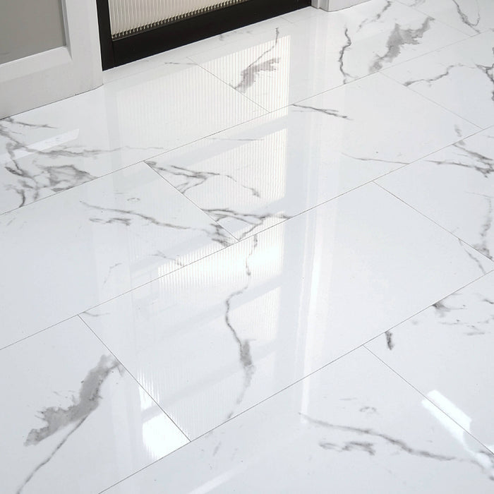 Calacatta Marble Gloss Rigid LVT Tile Flooring in a home interior setting.