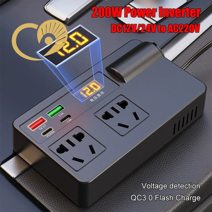 200W power inverter with digital display and multiple ports on a dark background