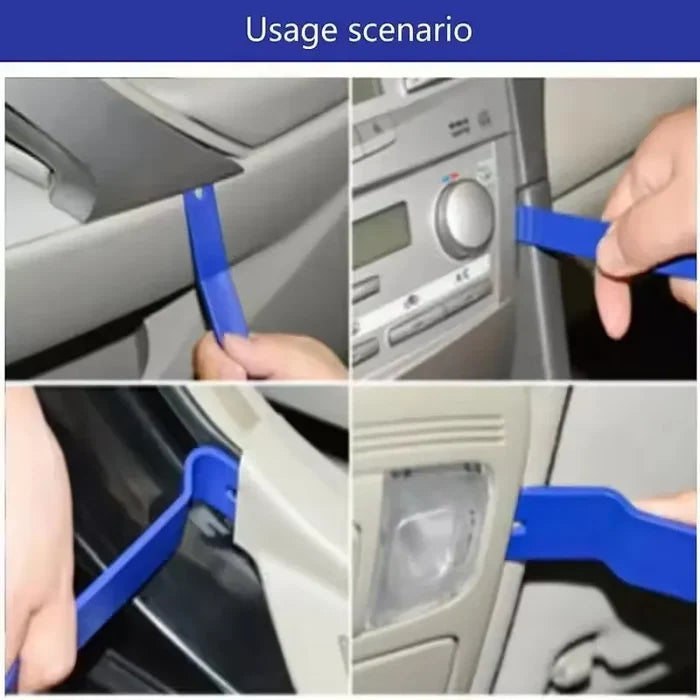 blue car removal tool being used on a car's dashboard and door panel.