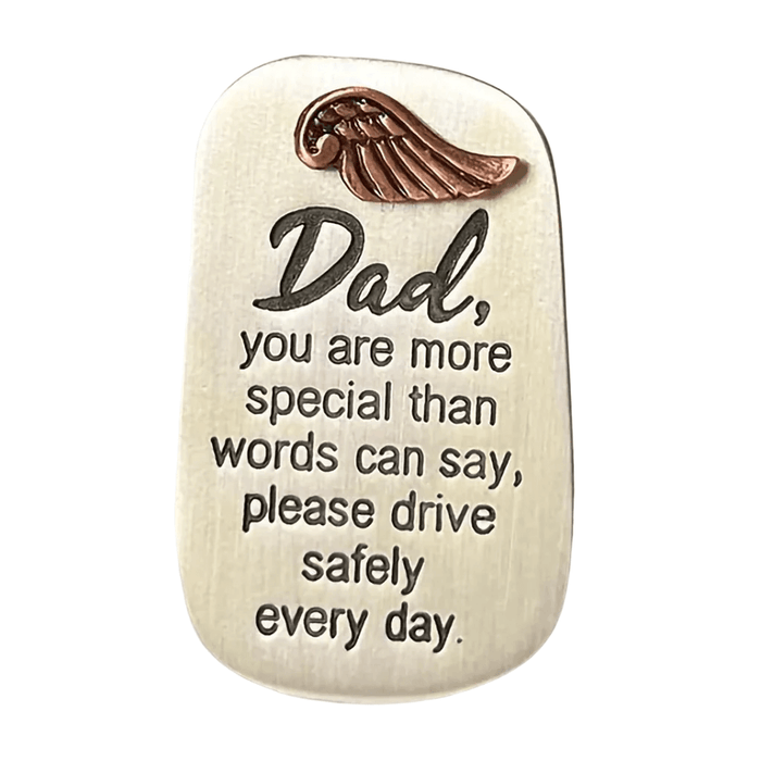 This Cathedral Art Dad Drive Safe Visor Clip attaches securely to most vehicle sun visors and offers a daily reminder to drive safely.