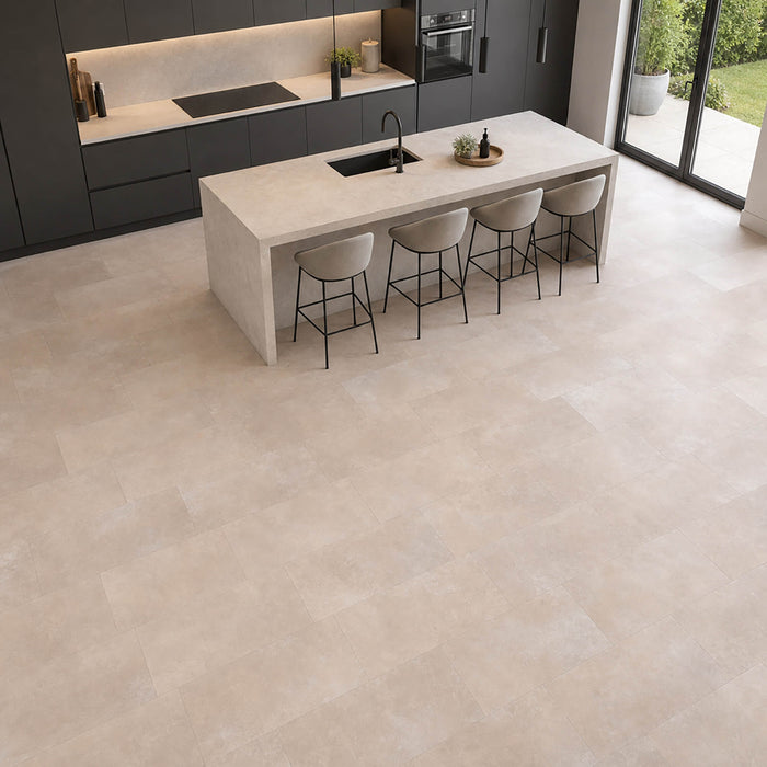 Modern kitchen with a large island and four stools with Chianti Rigid LVT tile flooring.