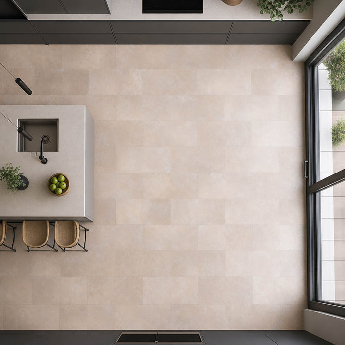 Elevated view of Chianti Rigid LVT floor tiles on a kitchen setting.