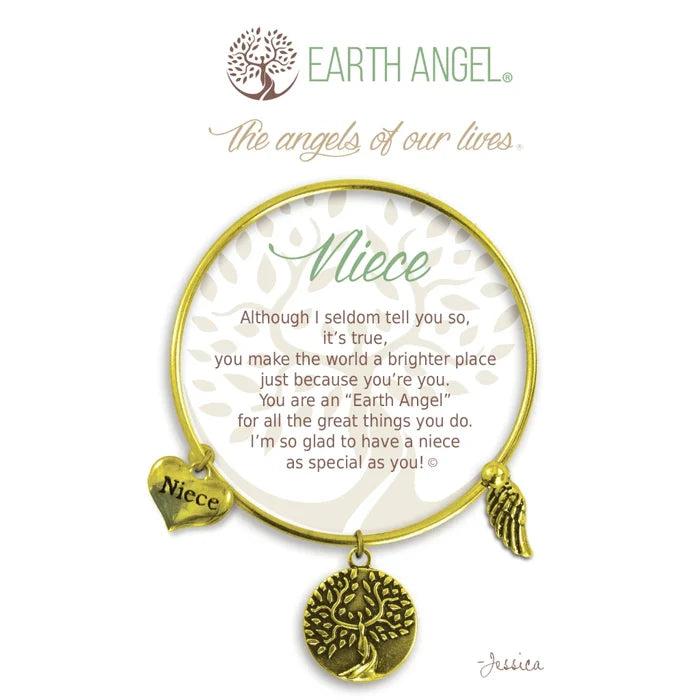 A delicate earth angel bracelet featuring charms symbolizing protection and guidance, set against a soft background.