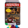 Mexican Train Dominoes set with a black metal tin box, white domino tiles with multicolored dots, a red train-themed game board, and colorful train car pieces on a white background.