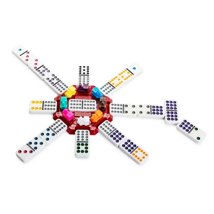 A red and clear plastic domino game board with multiple white domino tiles arranged in radial spokes, featuring colorful pieces and dots on a clean white background.