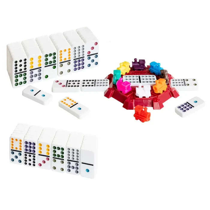 A set of white domino tiles with multicolored pips arranged on a plain white background, along with a red game base holding colorful pieces.