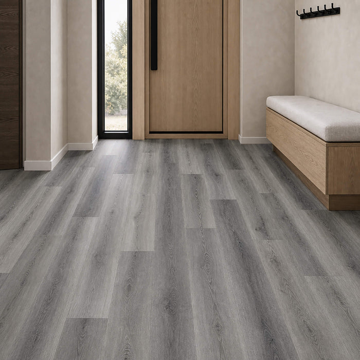 Conwy Grey Rigid LVT plank flooring in home hallway setting.