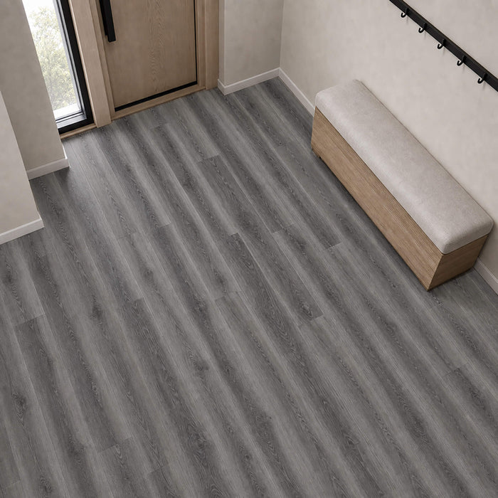 Conwy Grey Rigid LVT plank flooring in a home hallway setting.