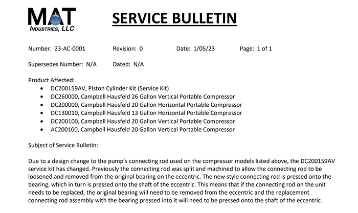 DC200159AV Campbell Hausfeld Air Compressor Piston Service Kit DC200