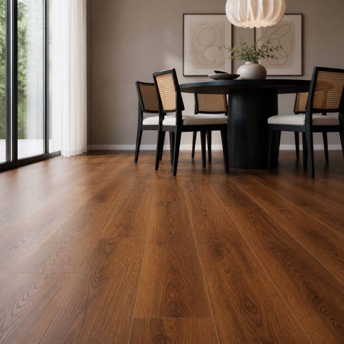 Deep Smoked Oak Prestige laminate flooring in a modern dining room setting.
