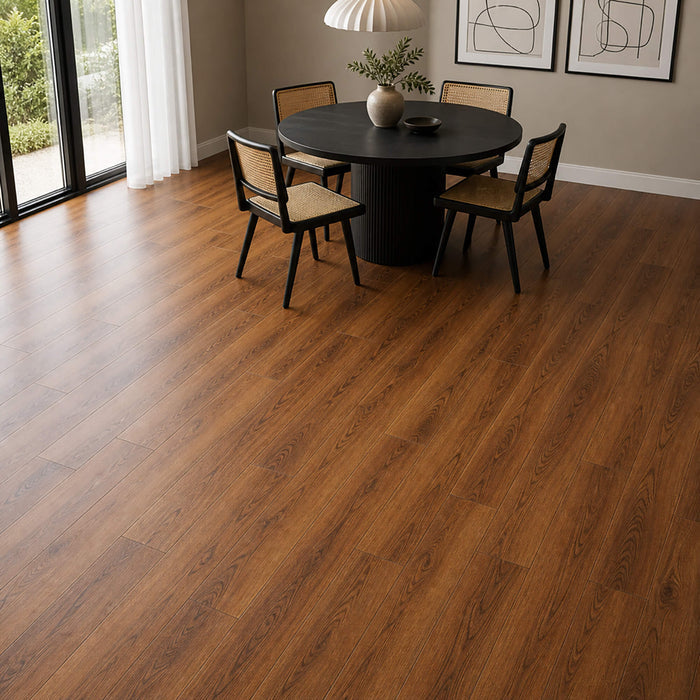 Deep Smoked Oak Prestige laminate flooring in a home dining room setting.