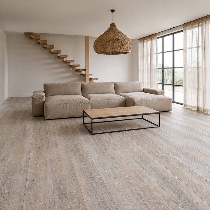 Modern living room with Driftwood Oak Rigid LVT super plank flooring.
