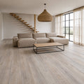 Modern living room with Driftwood Oak Rigid LVT super plank flooring.