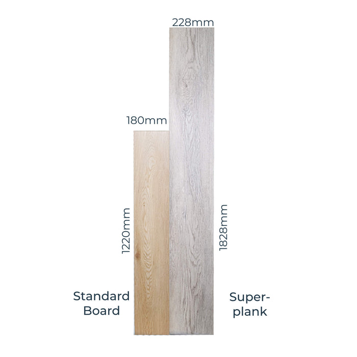 Comparison of standard board and Driftwood Oak LVT super plank flooring dimensions on a white background.