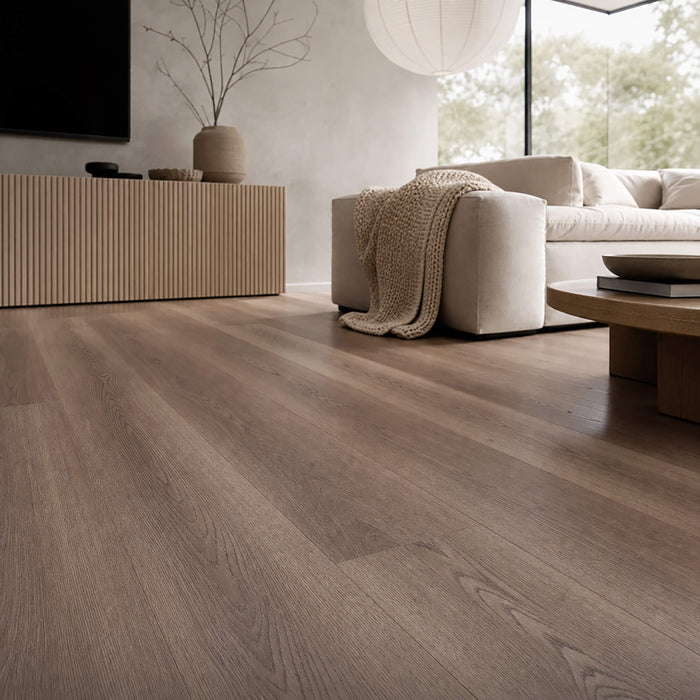 Dusky Oak Prestige Plus laminate flooring in a modern living room setting