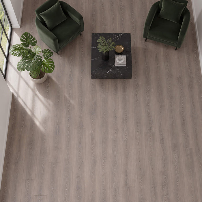 Elevated view of a waiting room setting with Everglades Oak Country laminate flooring.
