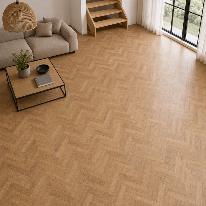 Forest Oak Rigid LVT Herringbone flooring  in a home living room setting.