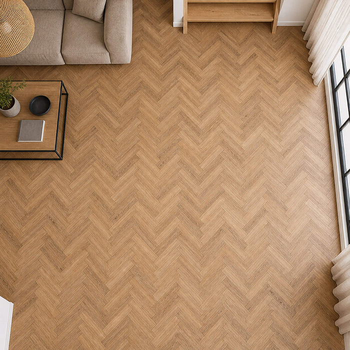 Elevated view of Forest Oak Rigid LVT Herringbone Flooring
