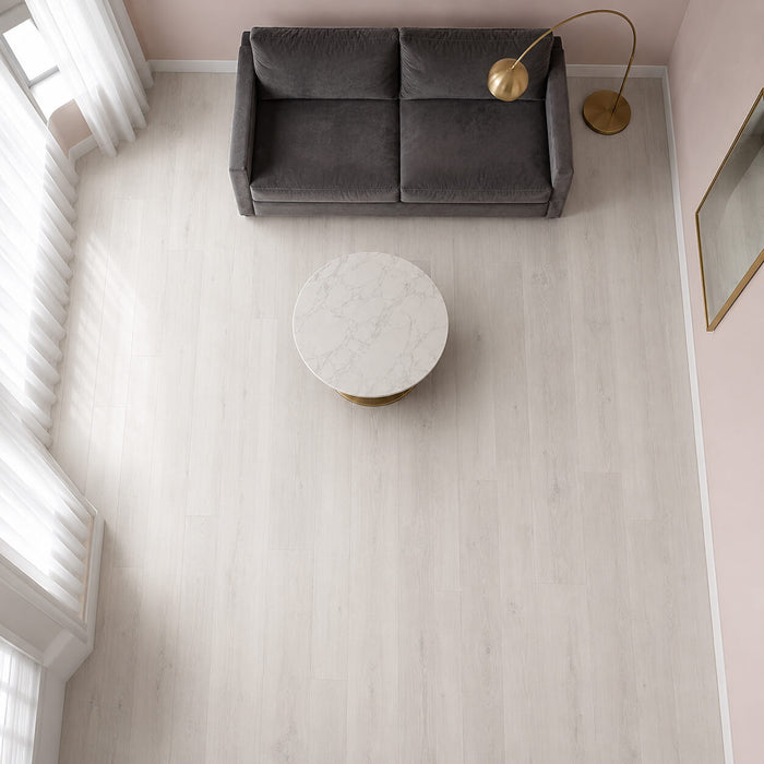 Elevated View of Fresco Pearl Super Gloss Laminate Flooring in a home living room setting.