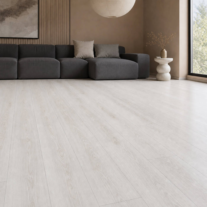 Fresco Snow Gloss laminate flooring in a modern home living room setting.