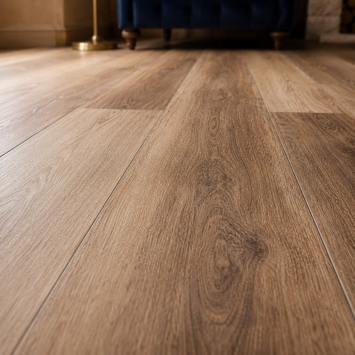 Close-up of Fumed Oak Rigid LVT flooring in a living room setting.
